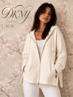 DKNY Ivory Textured Rib Knit Zip Hoodie Jacket M